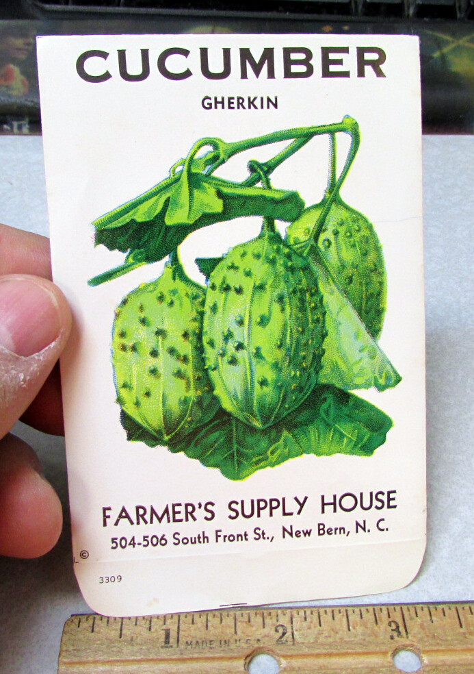 Vintage EMPTY seed pack, Cucumber Gherkin, Farmers Supply House, NC 1950s