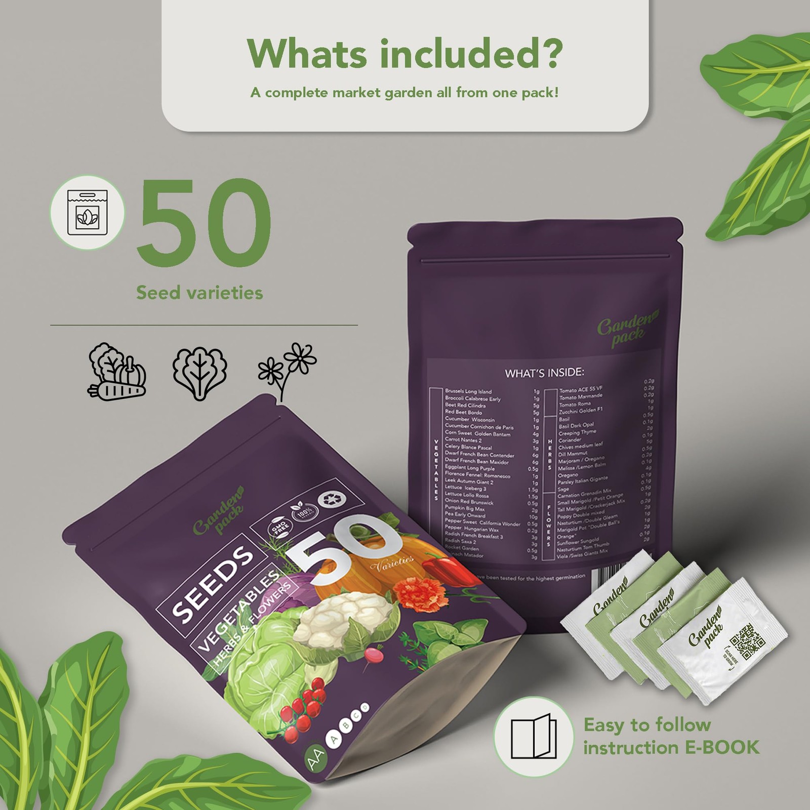 Vegetable Seeds Pouch – 50 Varieties of Vegetable, Herb & Flower Seeds for Pl…
