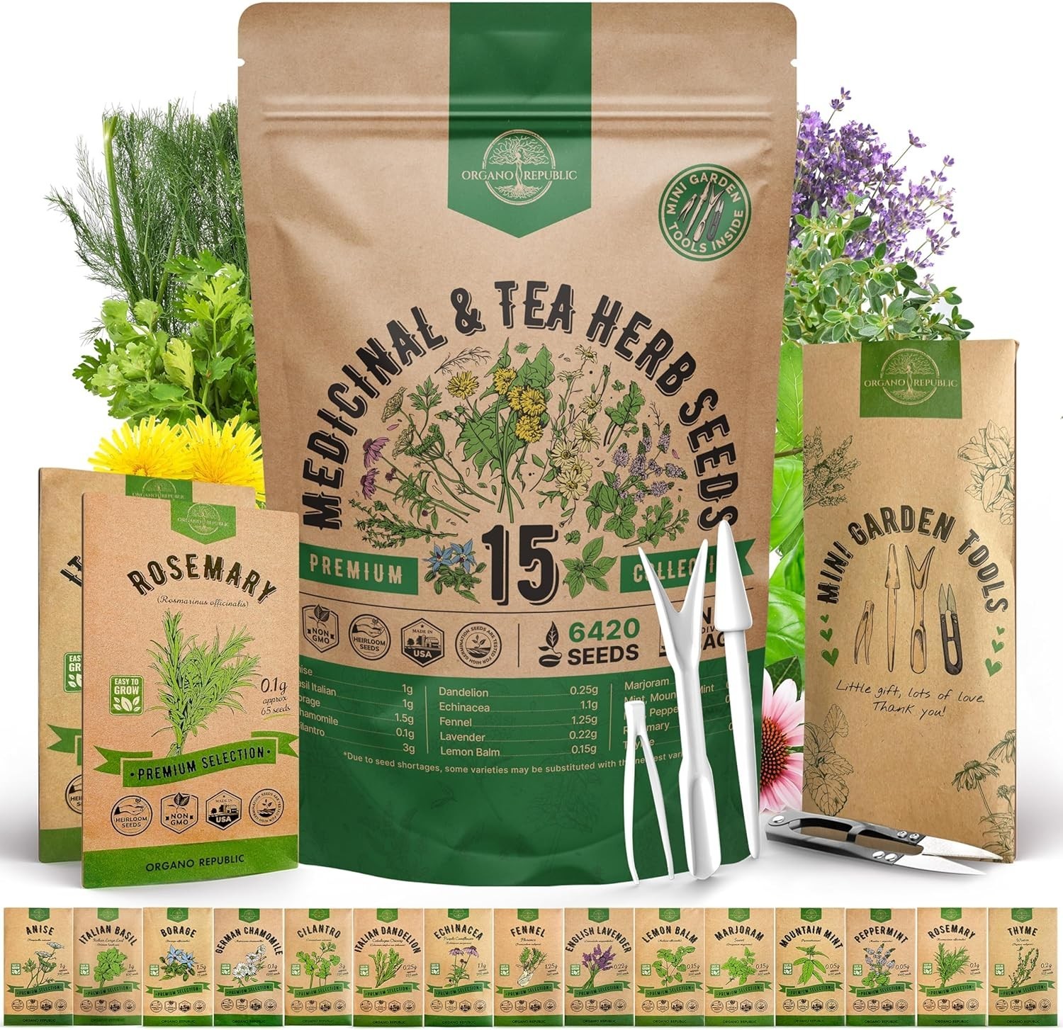 Heirloom 15-Craft Medicinal Herb Seeds Set with Gardening Tools & Growing Guide
