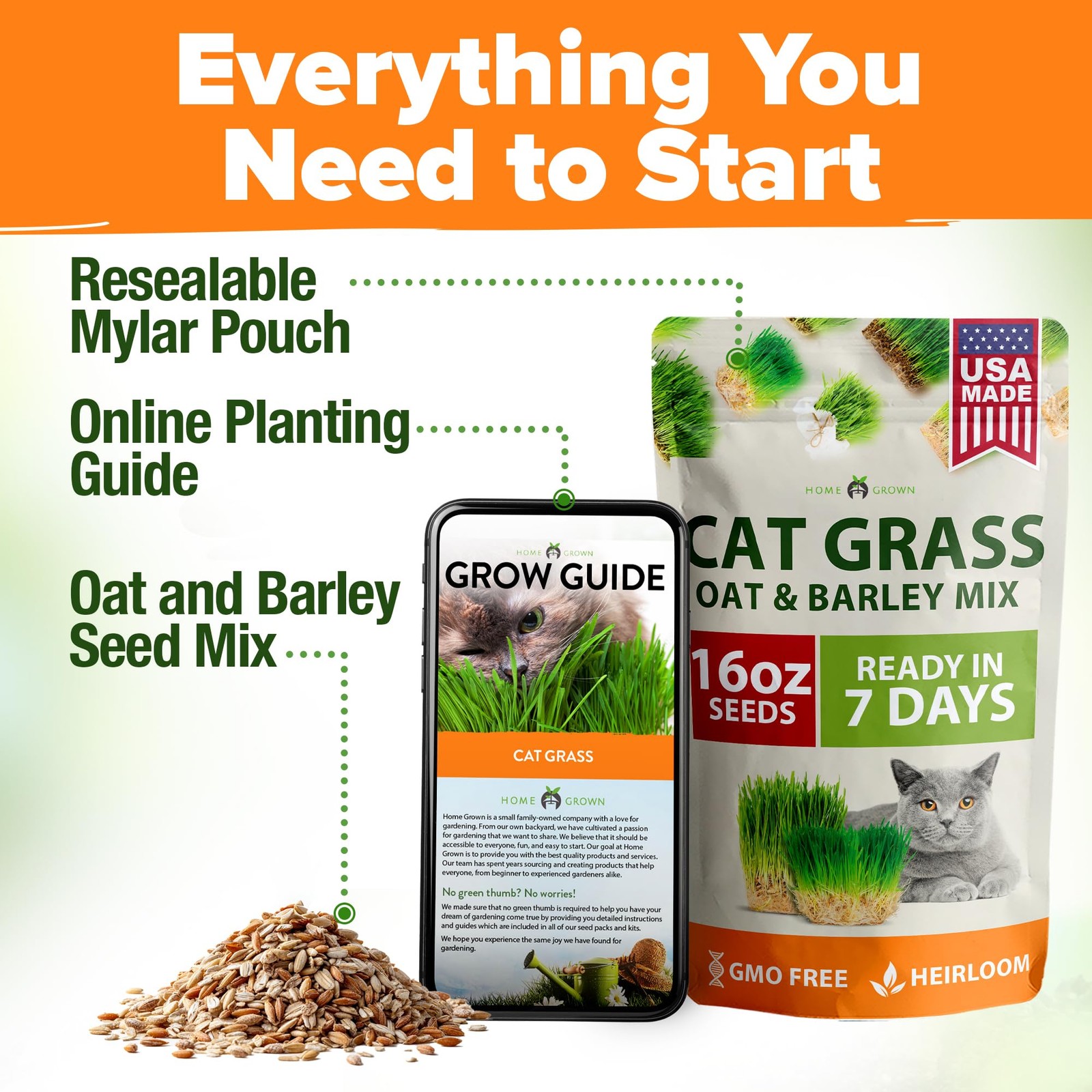 Non GMO 1 Pound Cat Grass Seeds for Cat & Kittens Oat & Barley Mix 100% Heirl…