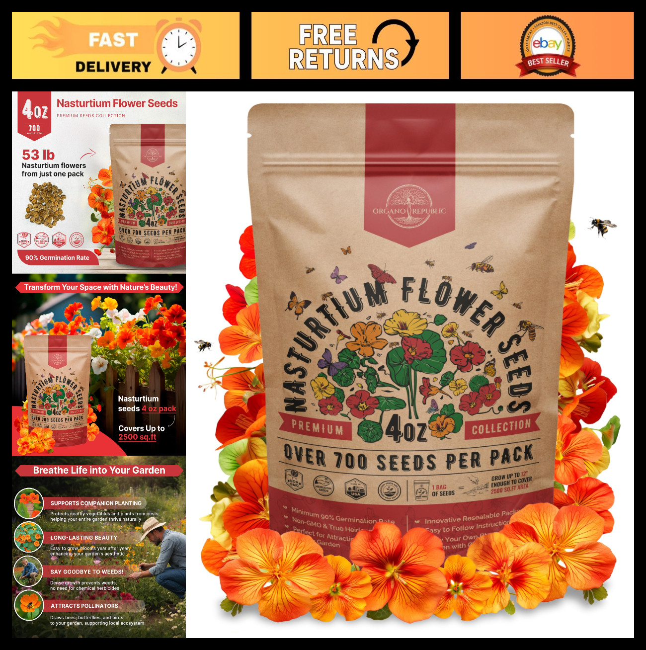 Nasturtium Seeds 4oz – 700+ Non-GMO Heirloom Edible Flower Seeds for Home Garden