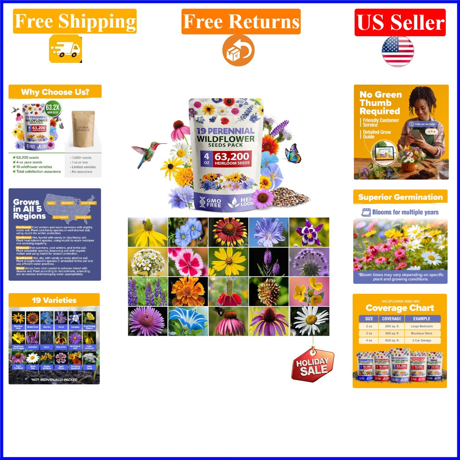 Wildflower Seeds Bulk 4 oz, 19 Varieties, Attract Pollinators, Non-GMO
