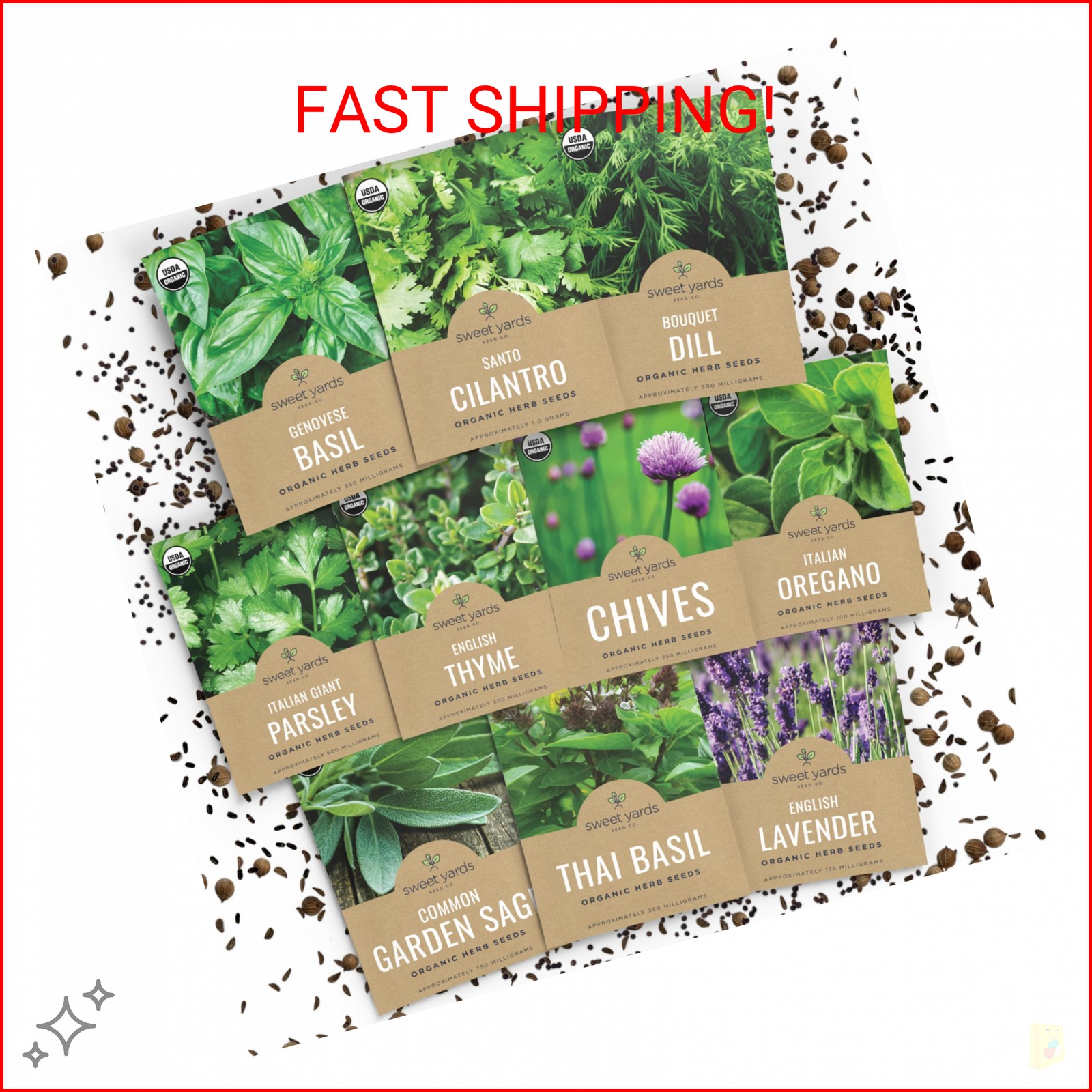 Organic Herb Seeds Variety Pack – 10 Individual Packs – 2026 Season – Basil, Cil