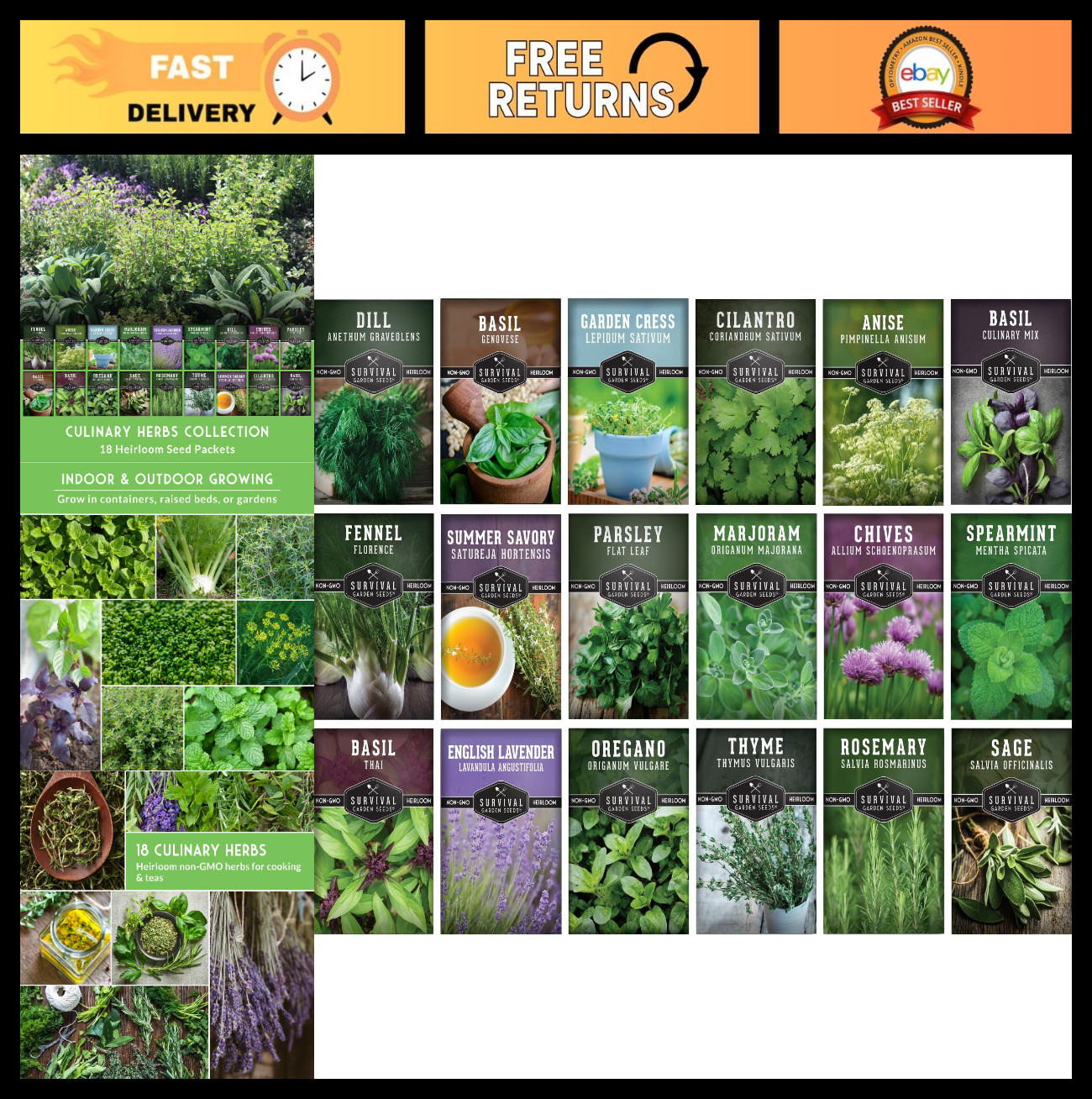 Heirloom Culinary Herb Seeds Variety Pack – Grow 18 Kitchen Herbs for Indoor/Out