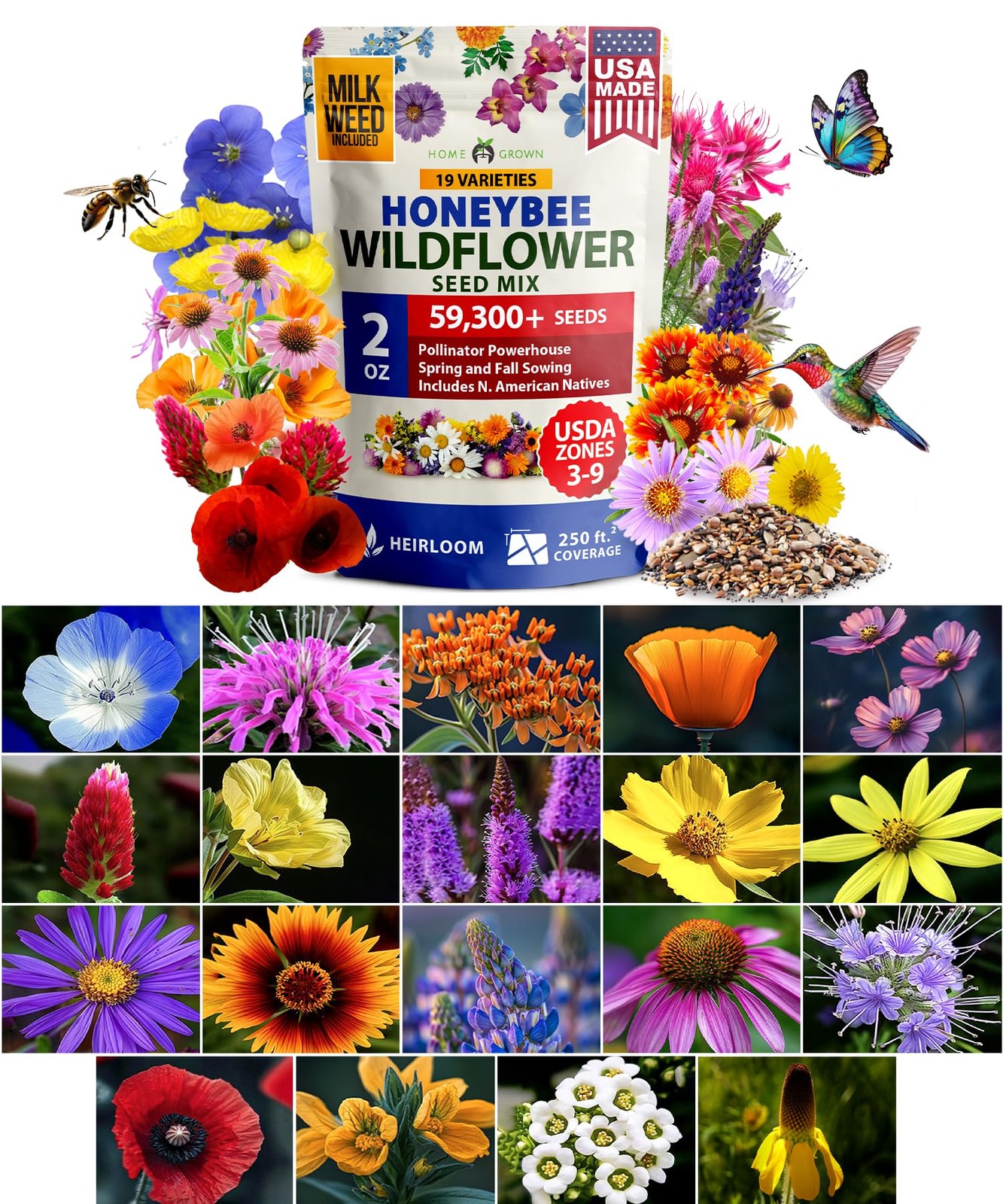 HOME GROWN Premium Wildflower Seeds Bulk Mix (2oz) – 59,300+ 1-Pack, Multi