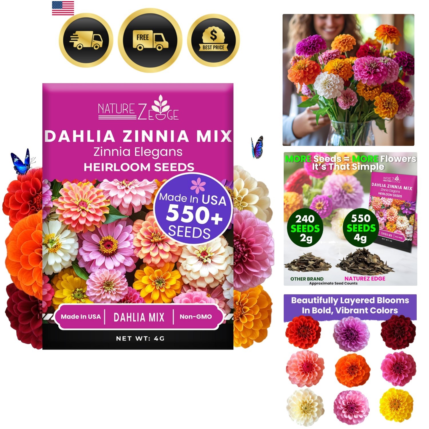 Zinnia Seeds for 2026 Planting Outdoors, Over 550 Flower Seeds, 4g, Non GMO ,…