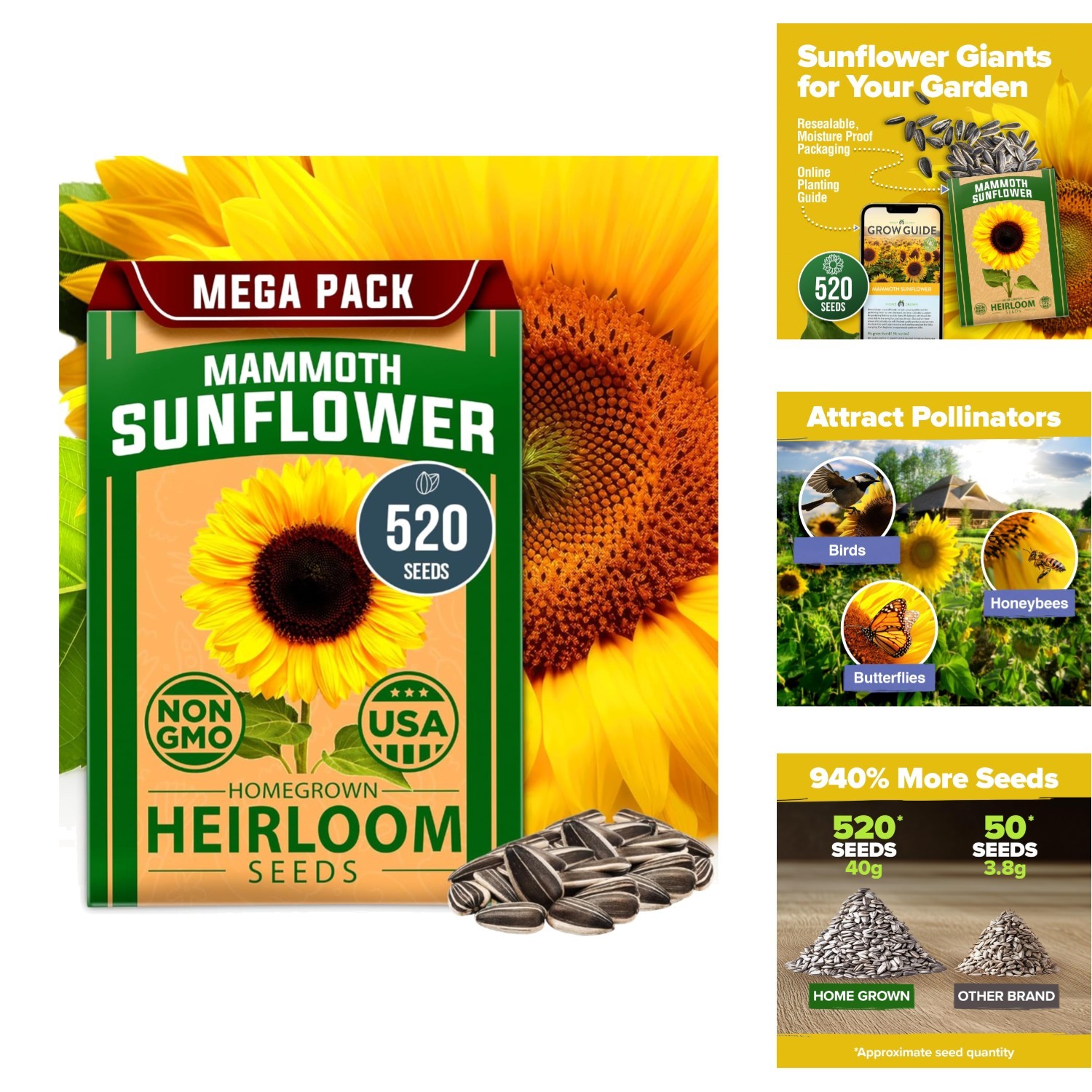 520+ Giant Mammoth Sunflower Seeds Heirloom Non-GMO Jumbo Garden Flower Bulk