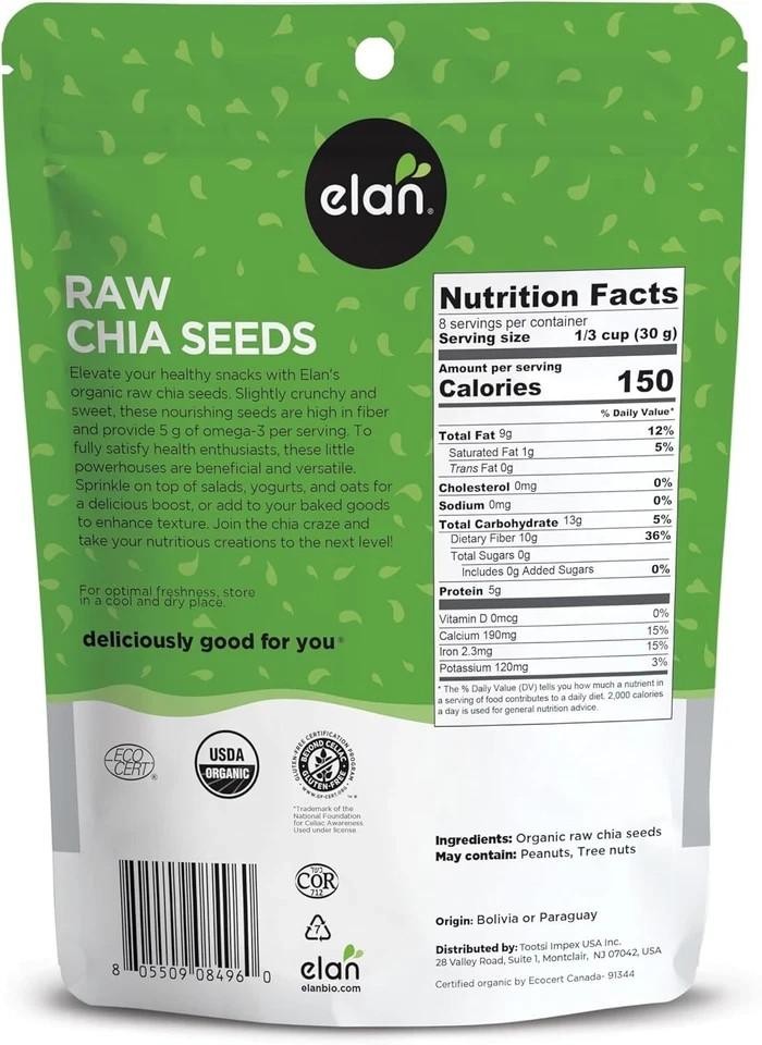 Elan Organic Chia Seeds, Non-gmo, Vegan, Gluten-free , 8.8 Oz