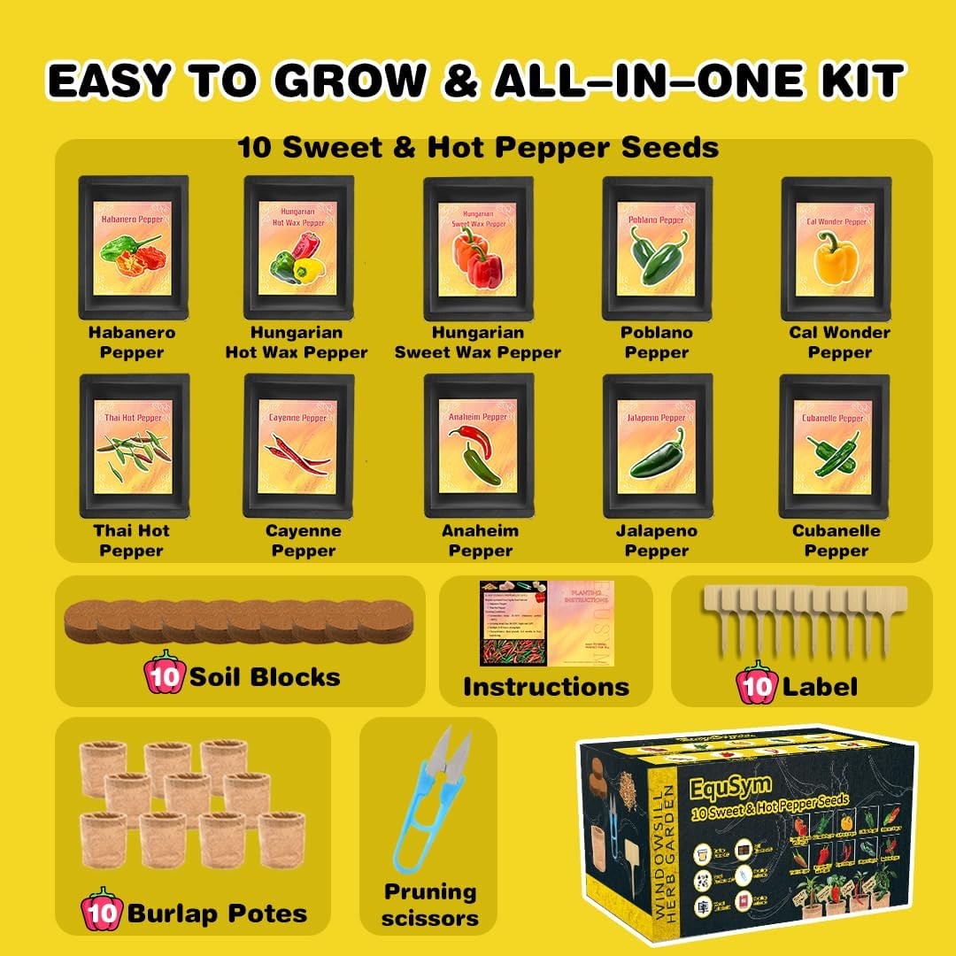 10 Pepper Seeds Window Garden Kit – Hot & Sweet Peppers Seeds for Indoor & Ou…