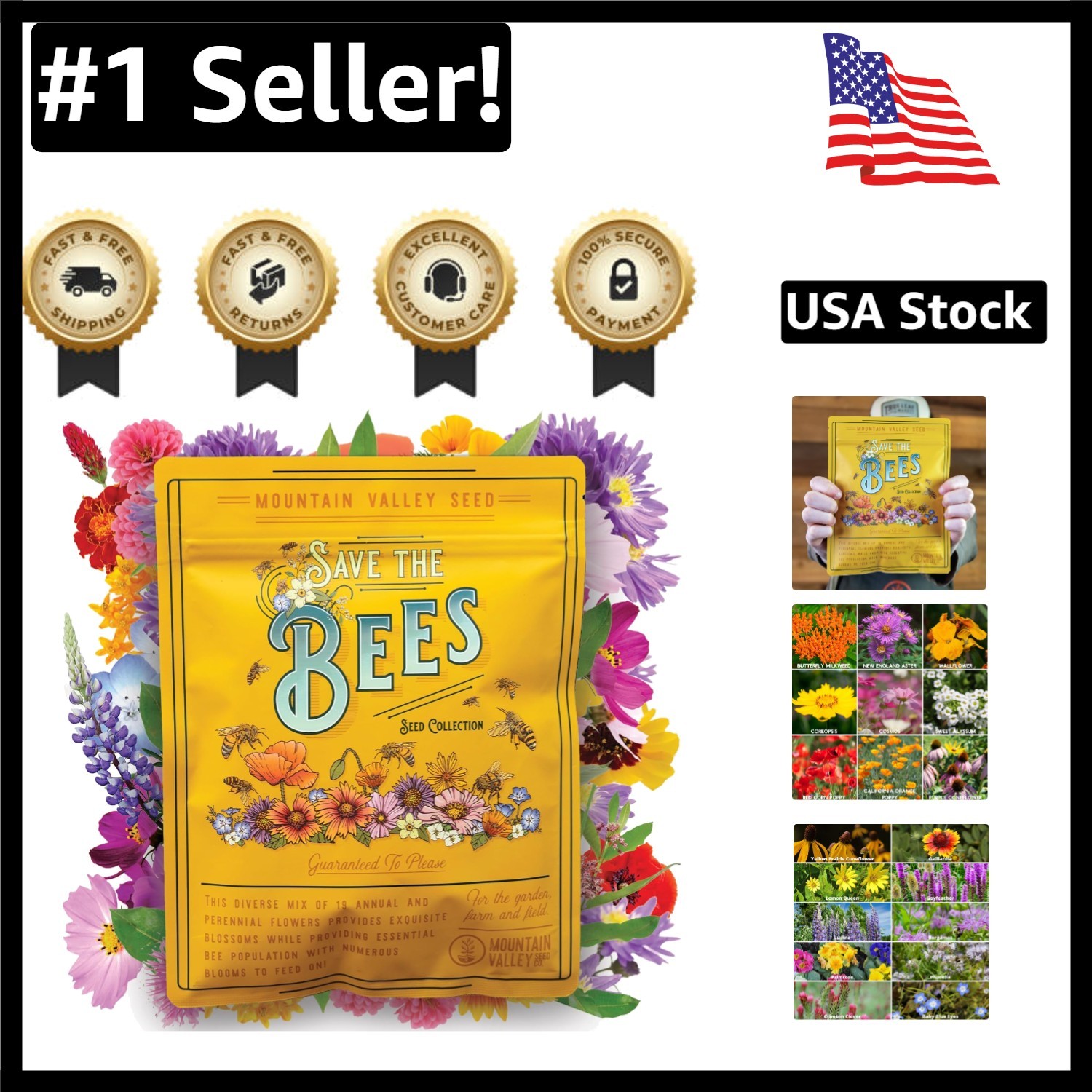 Colorful Save The Bees Wildflower Seeds – 2 Oz. Bundle of 19 Non-GMO Varieties