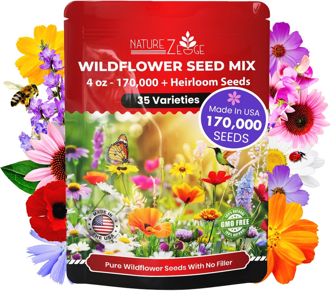 NatureZ Edge Wildflower Seeds Mix – 1/4 lb, 170,000 Seeds, 35 Variety Perenni…