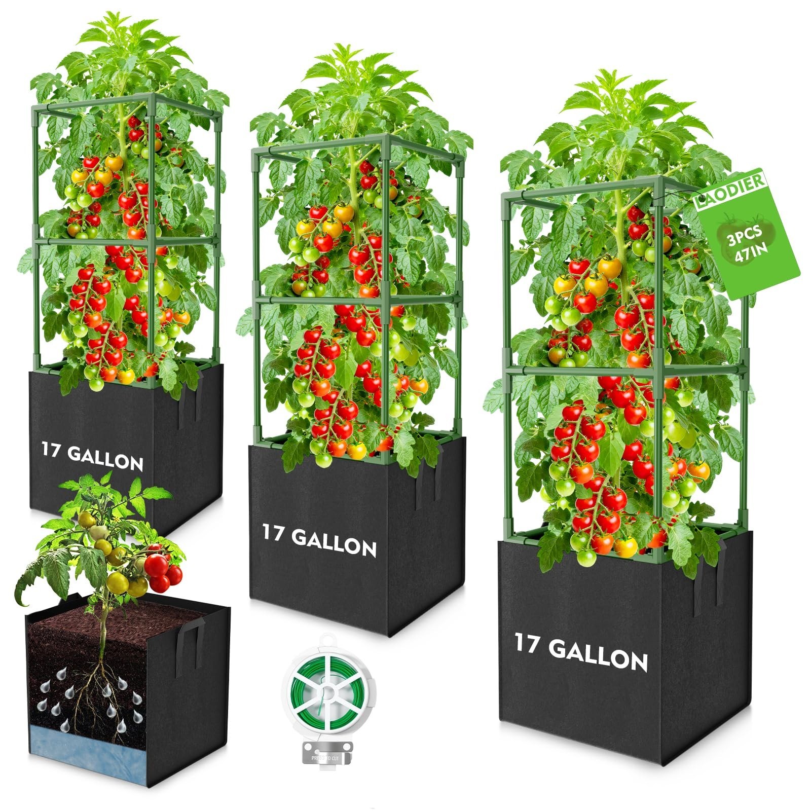 3 Pack Heavy Duty Tomato Cages & 17 Gallon Grow Bags – 47″ Tall Plant Support fo