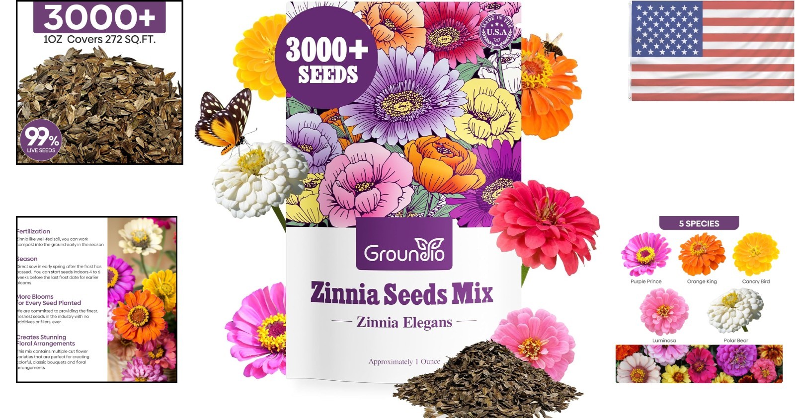 High Germination Zinnia Seeds Mix – 5 Colorful Varieties, 1 Oz, 3,000+ Seeds