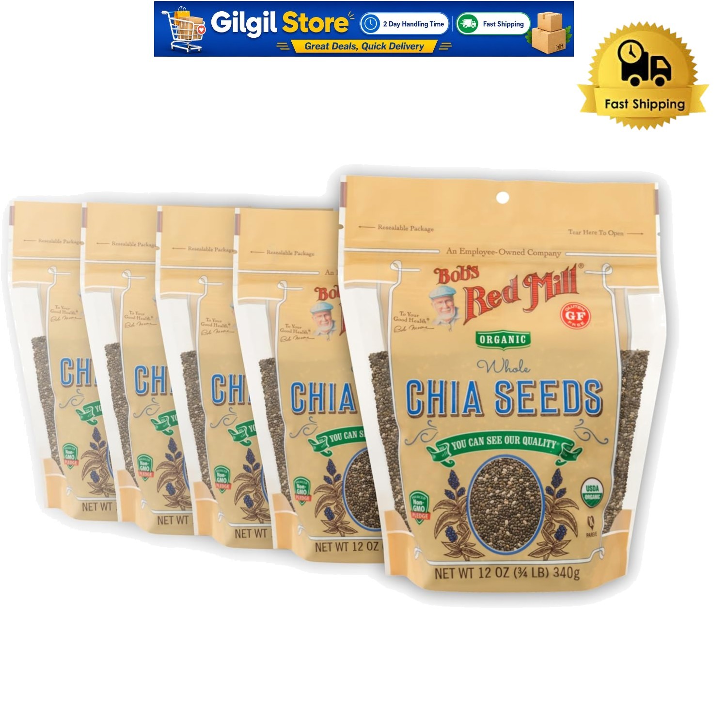 Organic Chia Seeds Pack of 5 (12oz Each) – Gluten Free & Keto Friendly Superfood