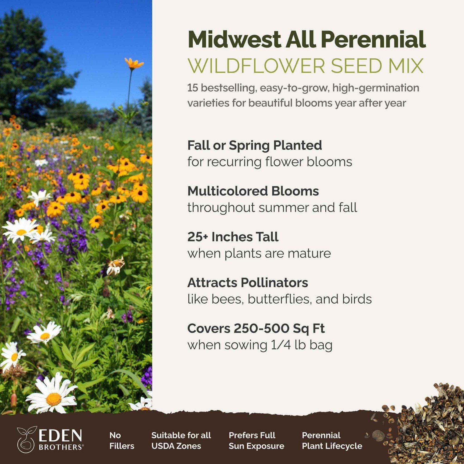 Perennial Wildflower Seed Mix – 120,000+ Seeds for Planting, Attracts Pollinator