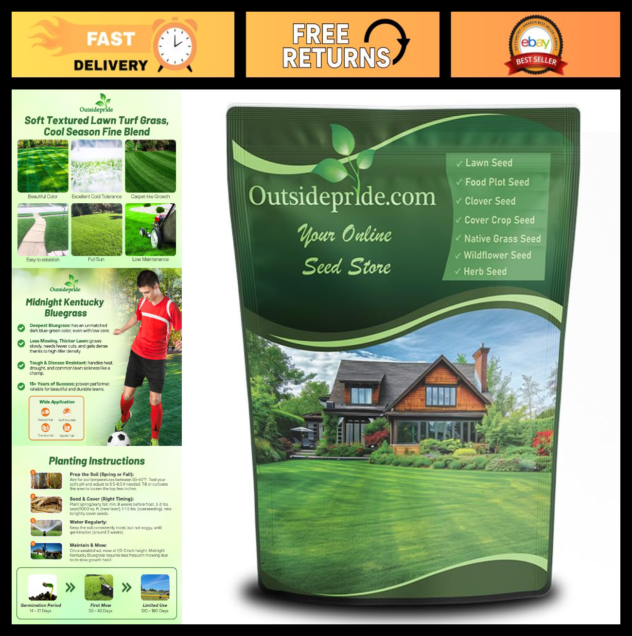 Midnight Kentucky Bluegrass Seed 5 lbs – Cold & Drought Tolerant Lawn Grass, Hig