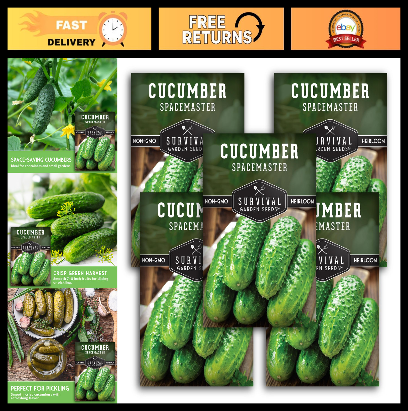 Heirloom Cucumber Seeds for Small Gardens | Non-GMO Compact Variety – 5 Packs
