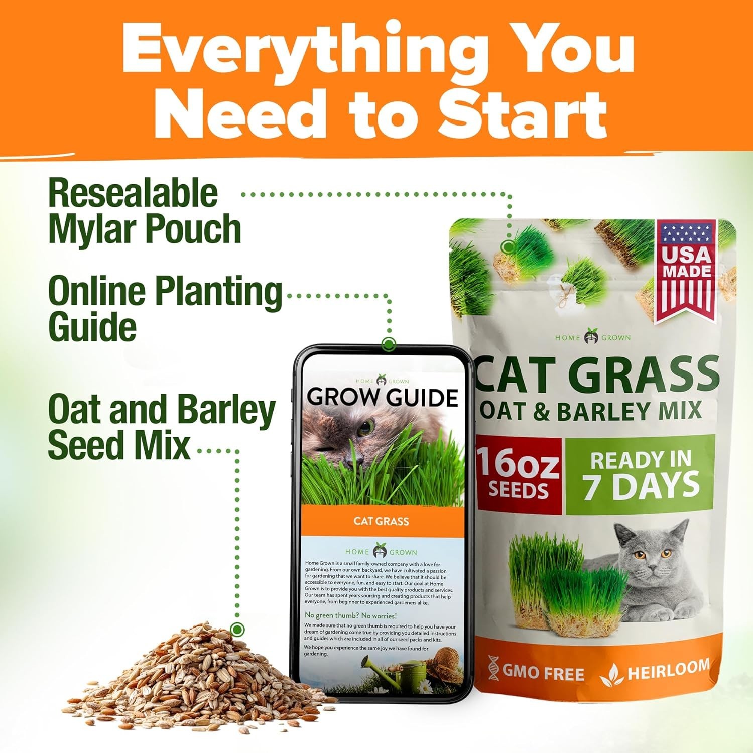 Non GMO 1 Pound Cat Grass 12,700+ Seeds for Cat & Kittens Oat & Barley Mix 10…
