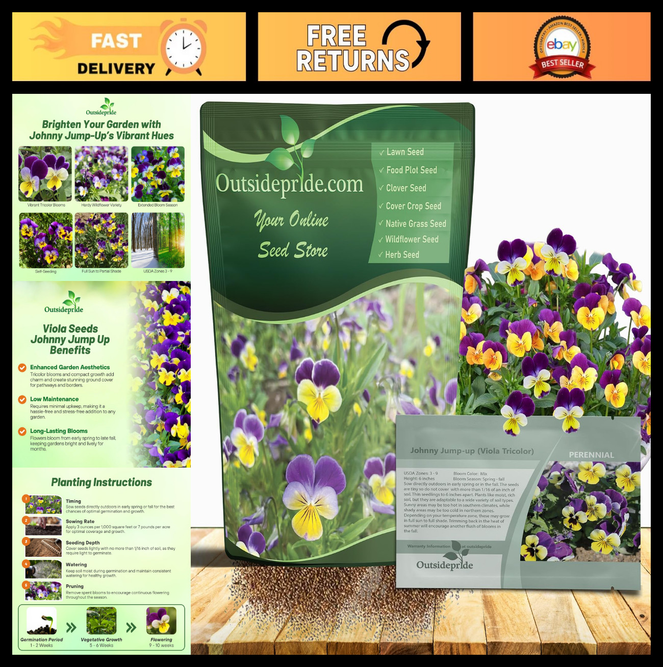 Johnny Jump Up Viola Wildflower Seeds – 1/2 lb Easy-to-Grow Perennial for Garden