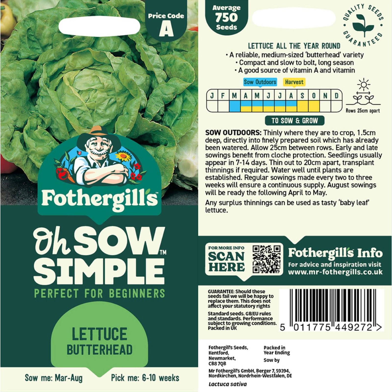 Mr. Fothergill’s Lettuce Butterhead Seed Oh Sow Simple, Easy to Grow