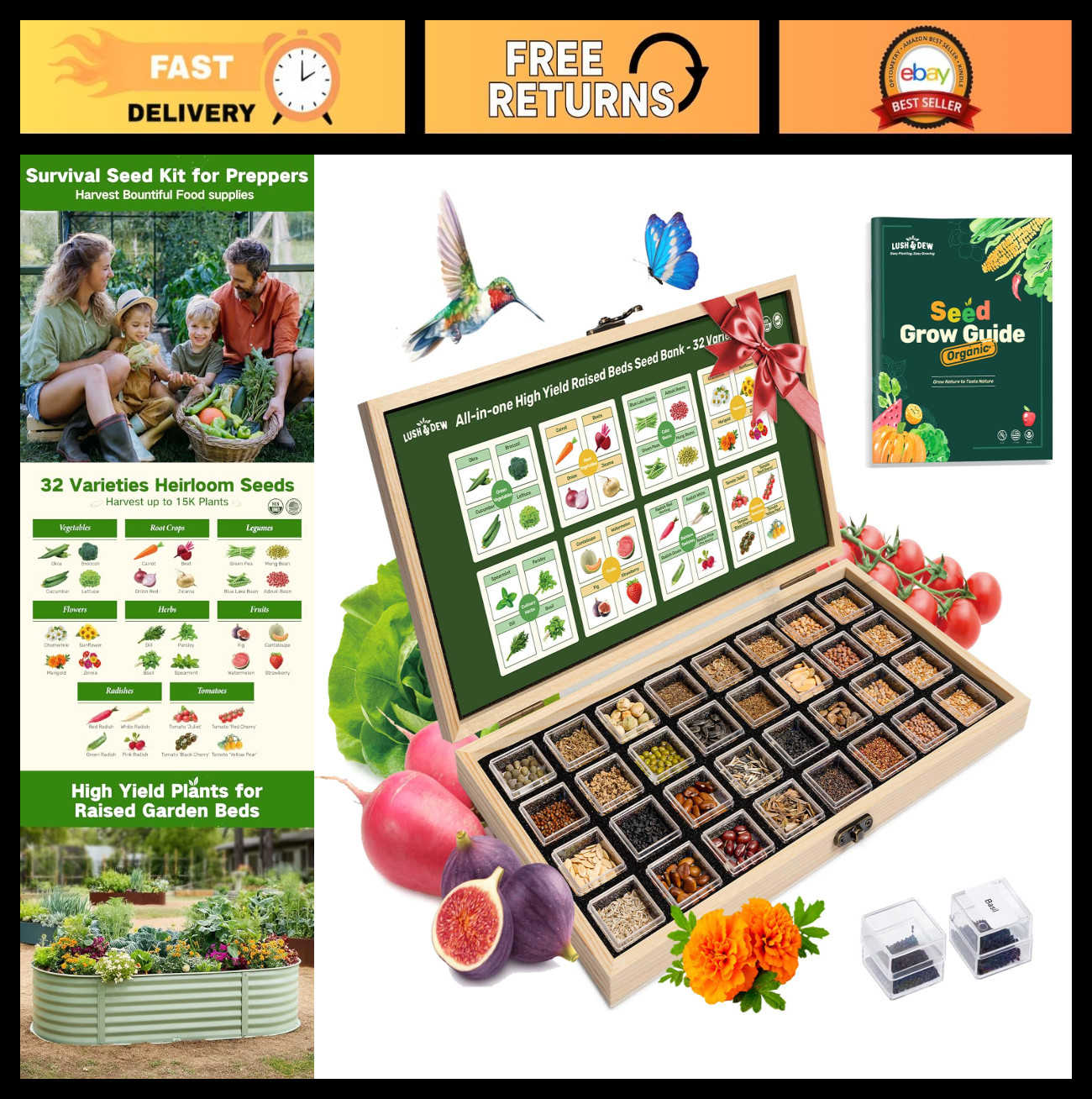 Raised Garden Bed Seed Bank – 30,000+ Non-GMO Seeds, 32 Varieties for Year-Round