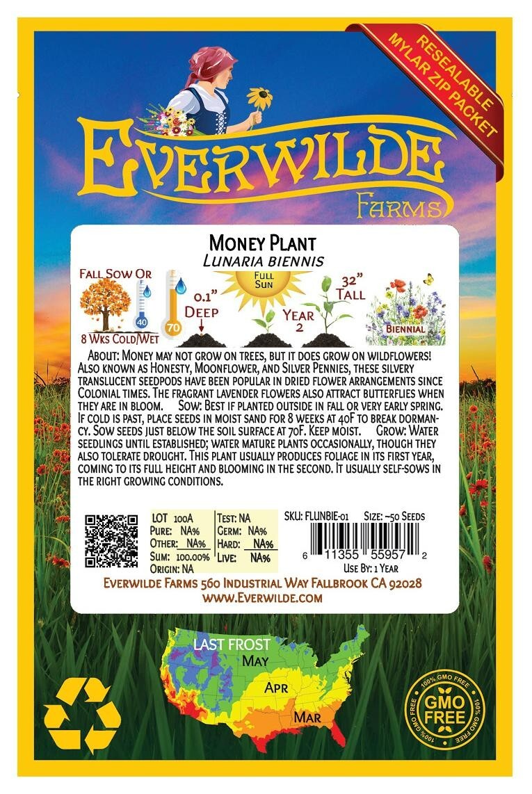 50 Money Plant Wildflower Seeds – Everwilde Farms Mylar Seed Packet