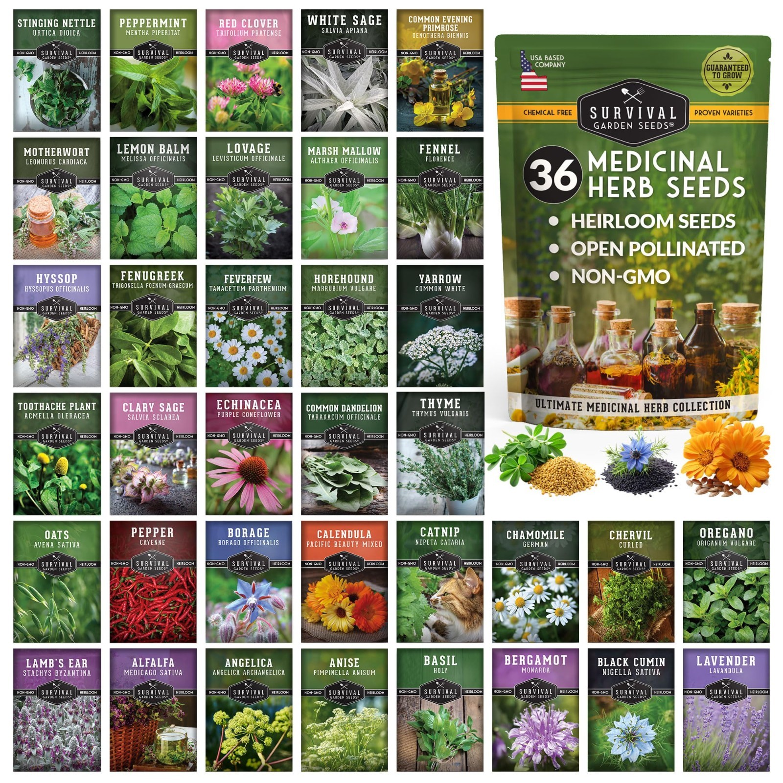 Medicinal Herb Seeds Variety Pack – 36 Non-GMO Heirloom Healing Herbs for Wellne