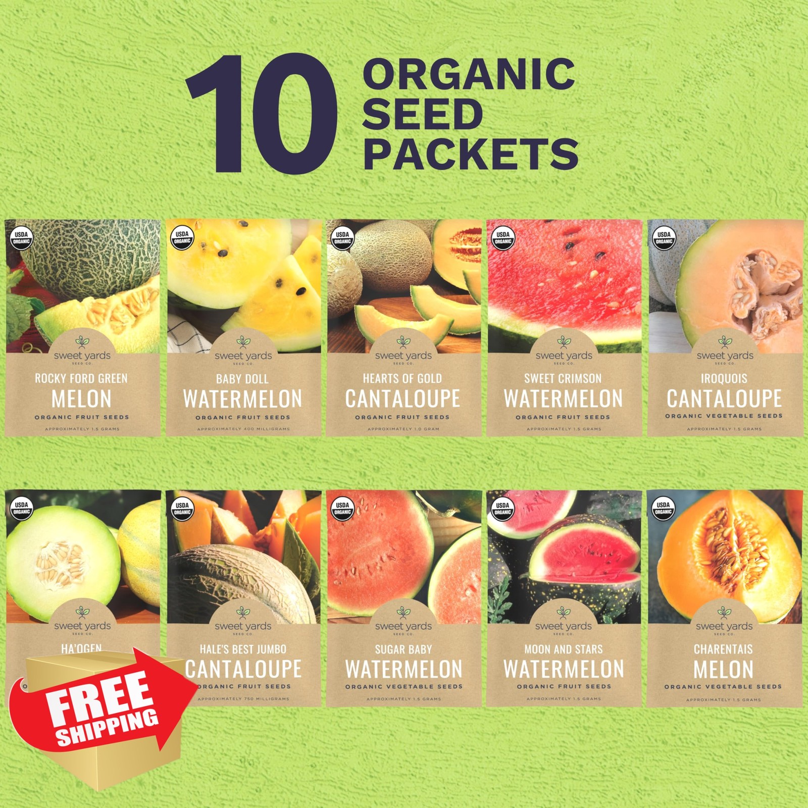 Organic Melon Seeds Variety Pack 10 Packs 2026 Indoor Outdoor