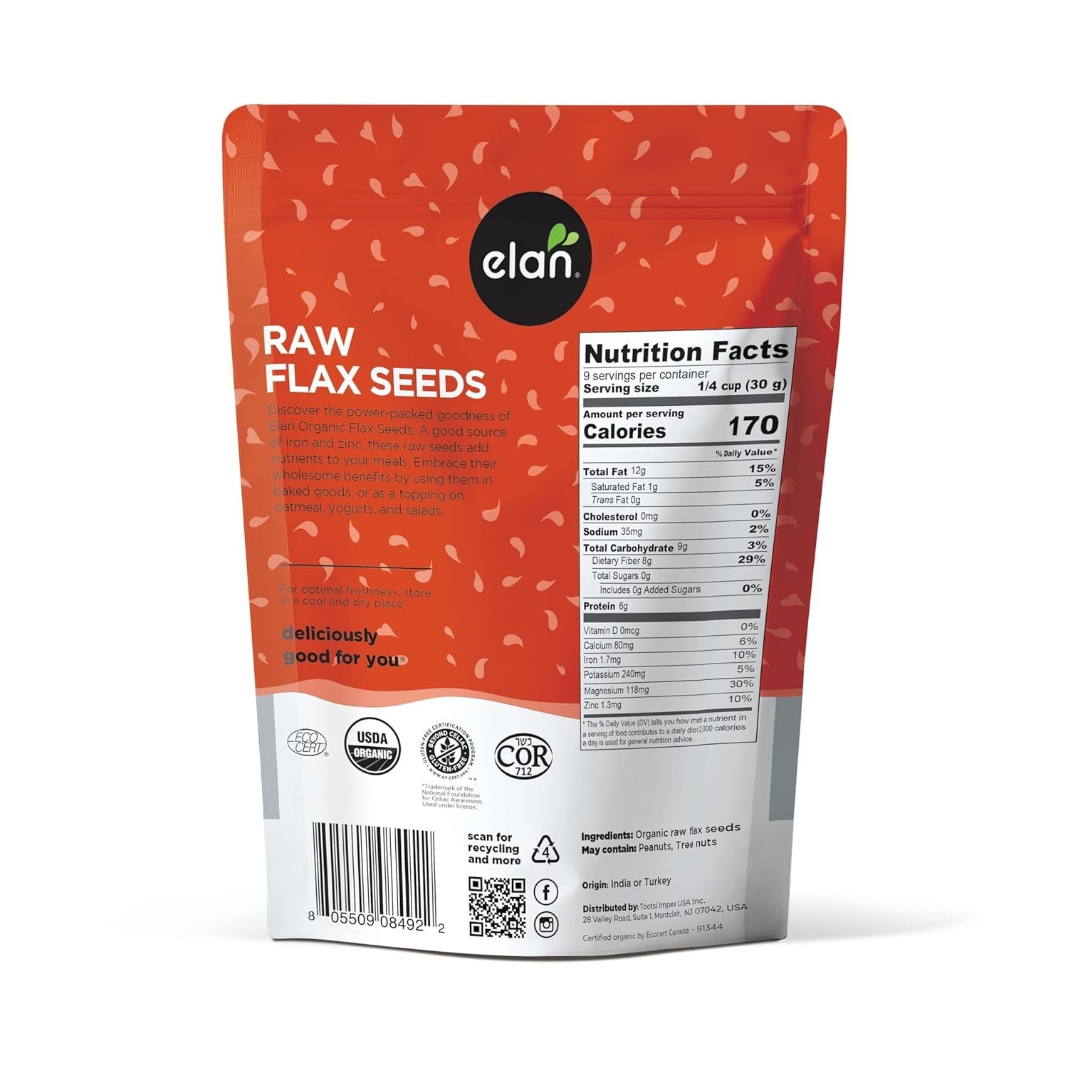 Elan Organic Flax Seed, 9 Oz, Whole Seeds, Raw Seeds, Non-Gmo, Vegan, Gluten-Fre