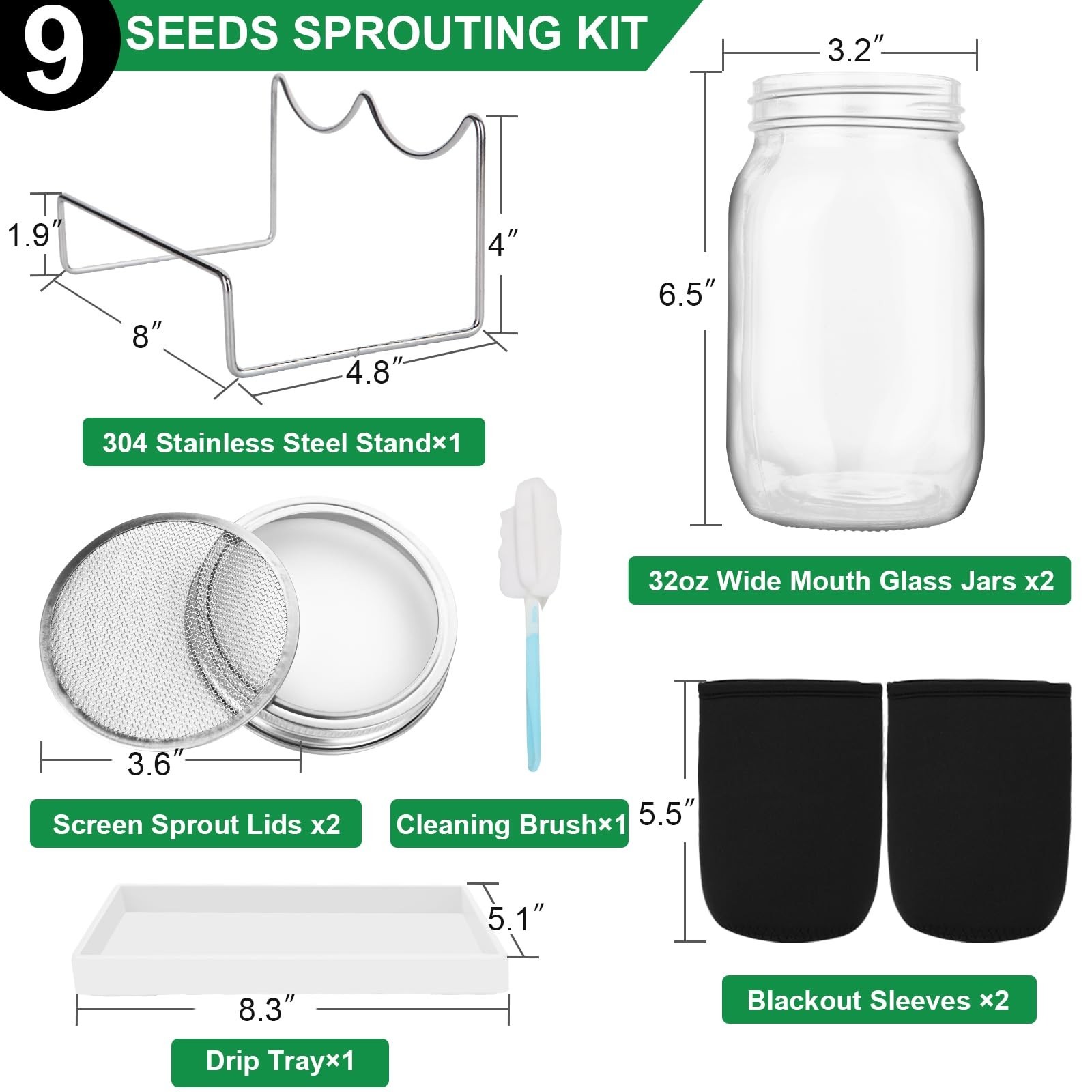32oz Sprouting Jar Kit – 2 Wide Mouth Jars, Sprout Lids, Blackout Sleeves & Tray
