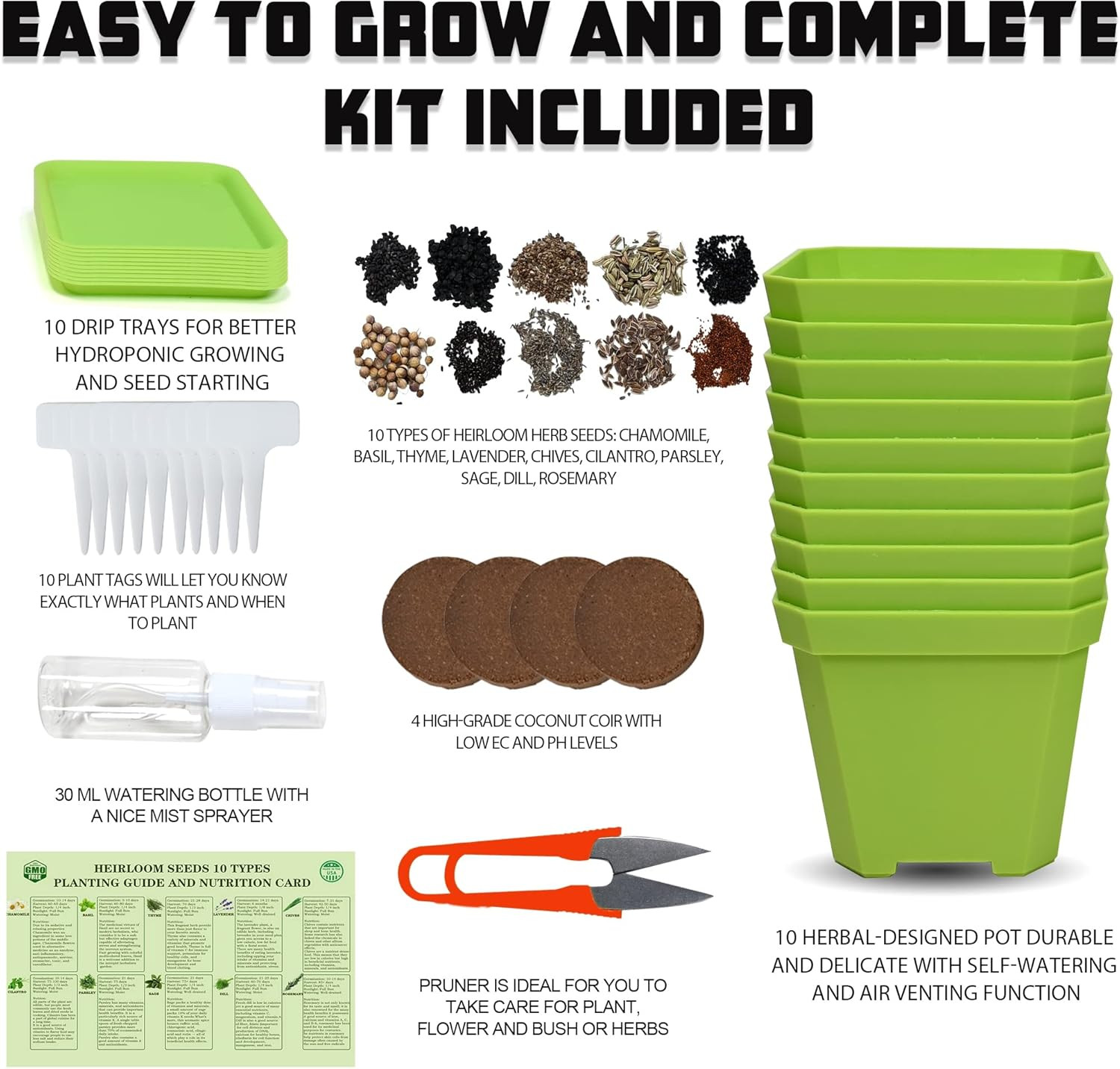 10 Herb Seeds Garden Starter Grow Kit with Green Pots, Markers, Nutritional Soil