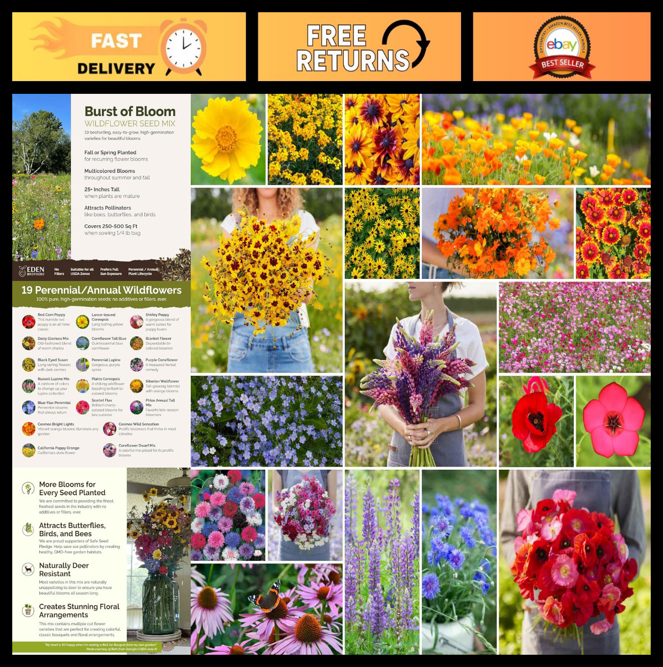 Wildflower Mixed Seeds for Planting – 120,000+ Seeds, Attract Pollinators, 1/4 l