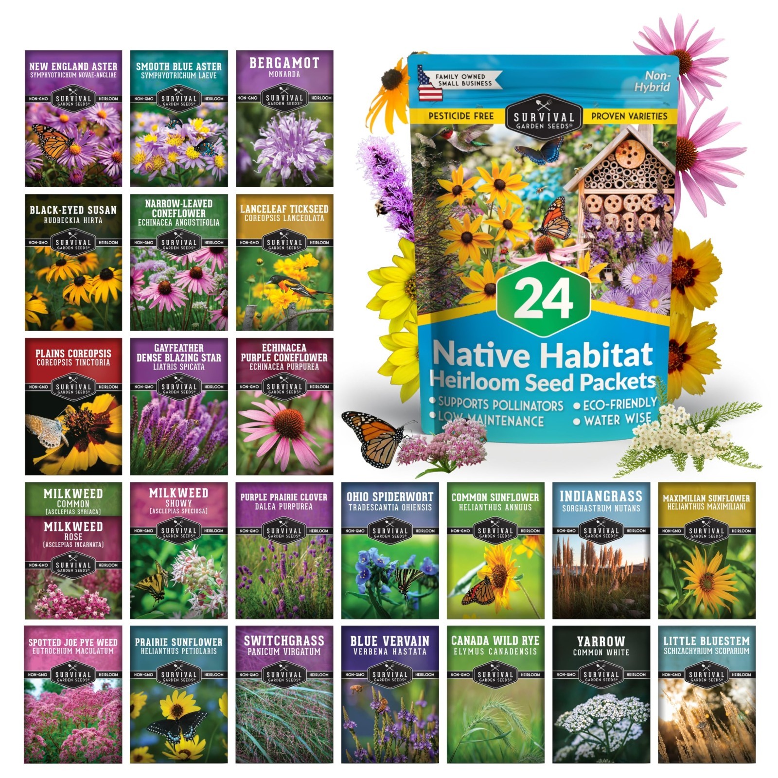 Wildflower Seeds Variety Pack – 24 Non-GMO Perennial & Annual Flowers for Pollin