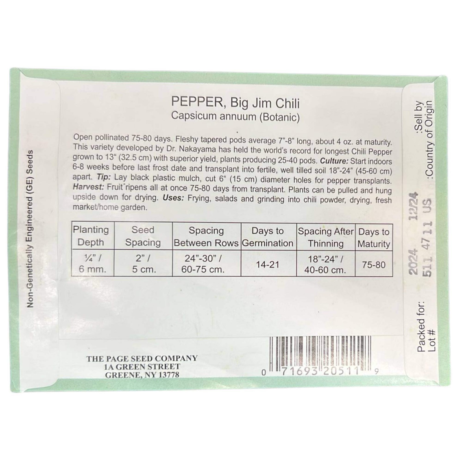Valley Greene 275mg Big Jim Chili Pepper Seeds: 2CT