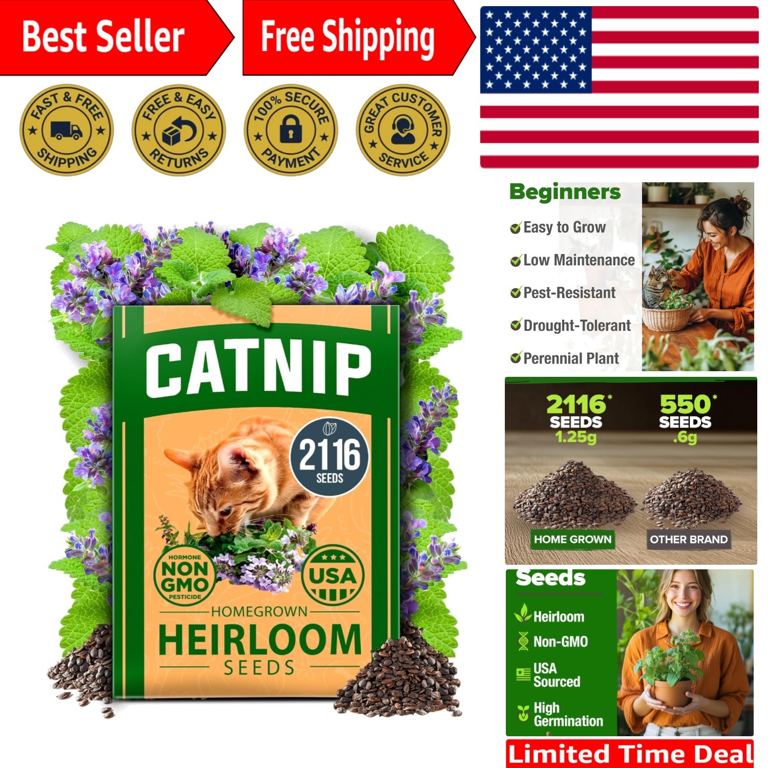 Pet-Friendly Catnip Seeds Bulk: 2,116 Non-GMO Heirloom Seeds with Grow Guide