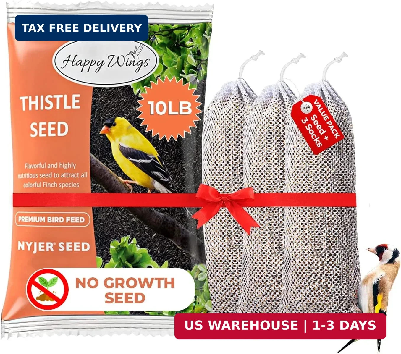 Happy Wings Nyjer/Thistle Seeds with Empty Sock for Wild Bird Food – 10 Pounds I