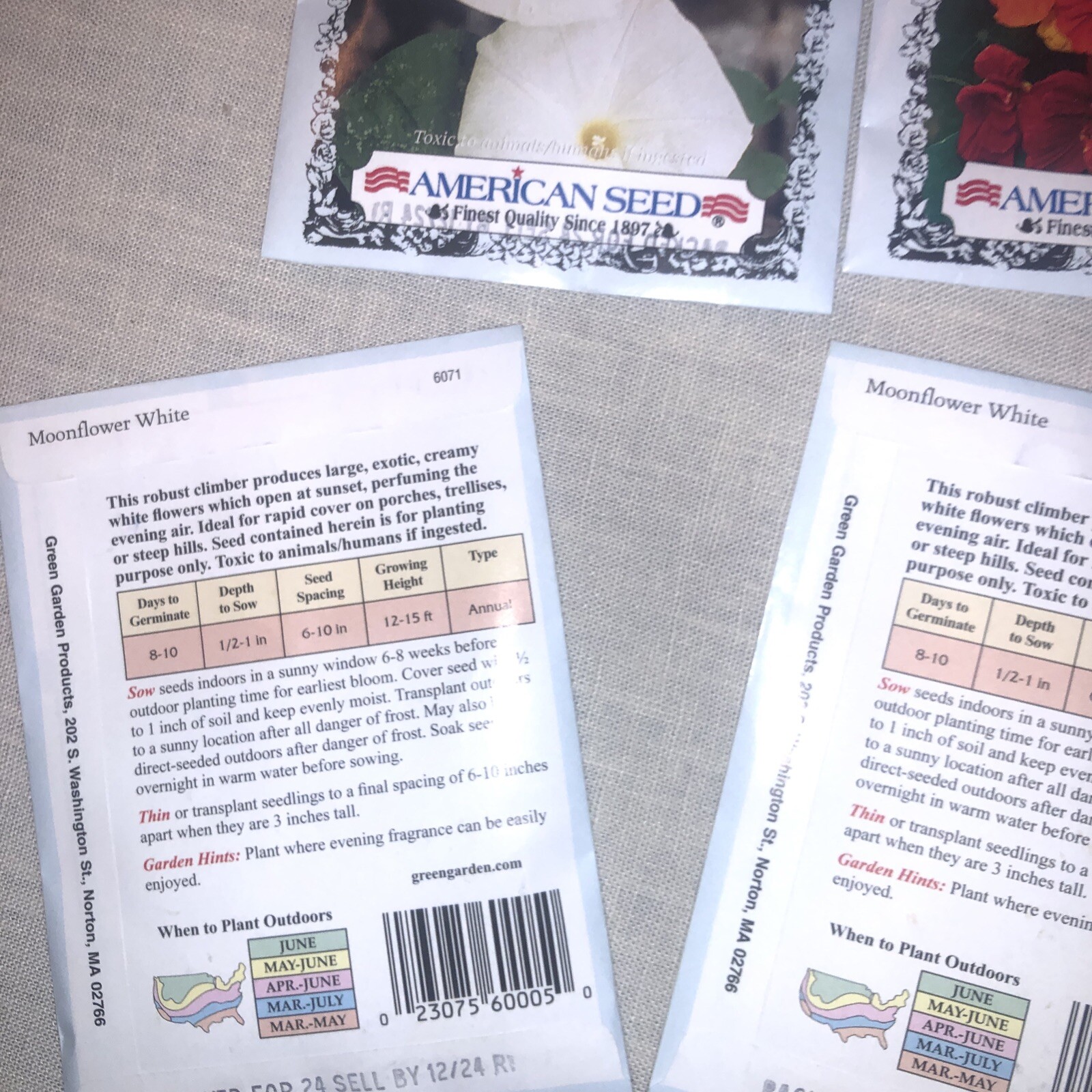 20 Packs Of Flower Seeds- 6 Moonflower, 8 Nasturtium, 6 Morning Glory-2024 seed