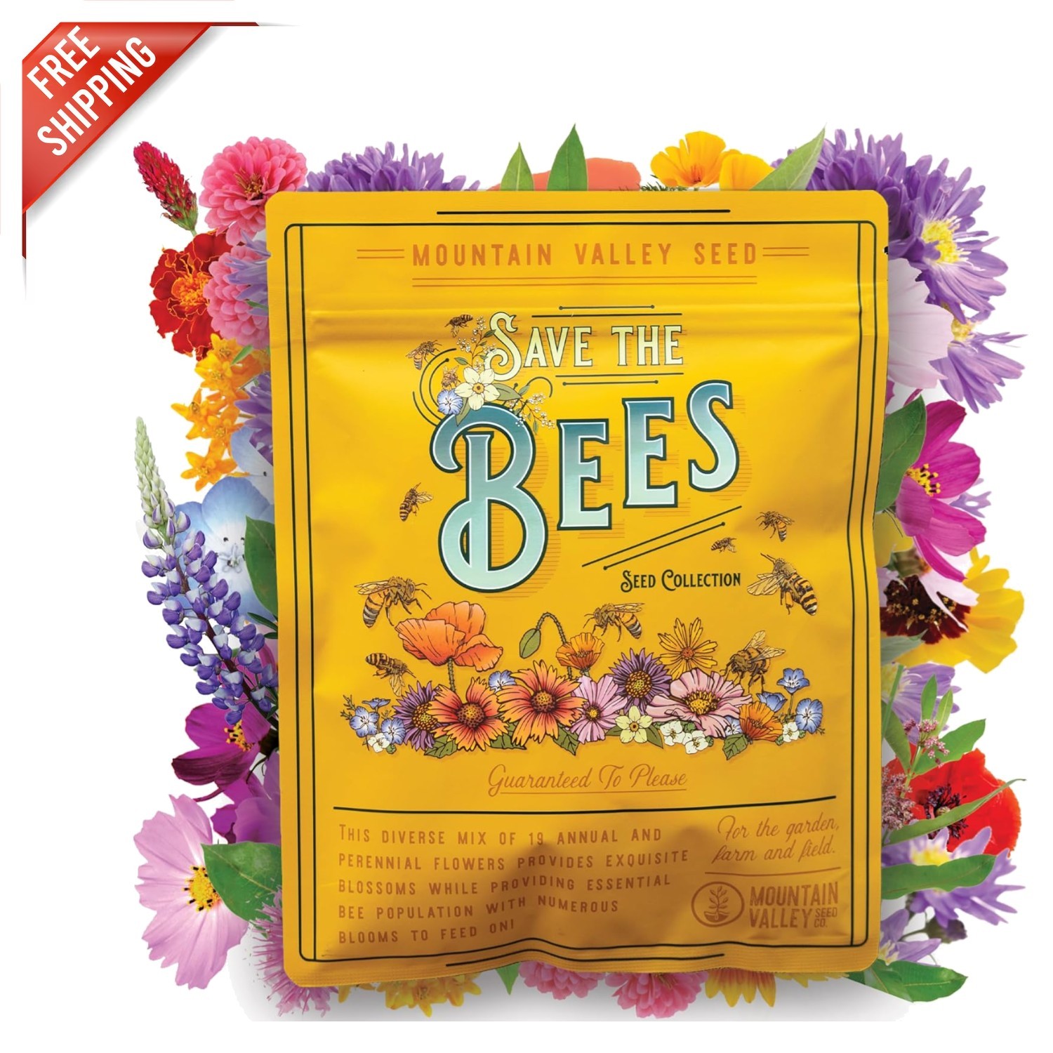 Save The Bees Wildflower Seeds Mix – 19 Varieties of Non-GMO Flowers for Gardens