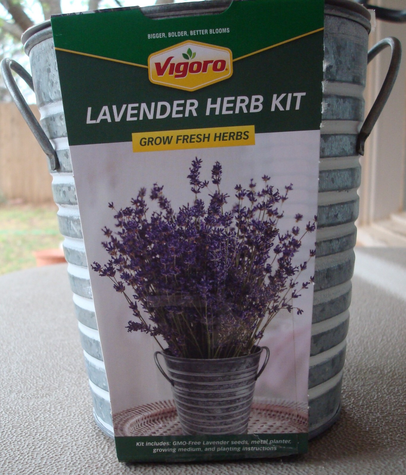 Vigoro Lavender Herb Garden Kit, Silver Ribbed Metal Planter Pot, Seeds/ Medium