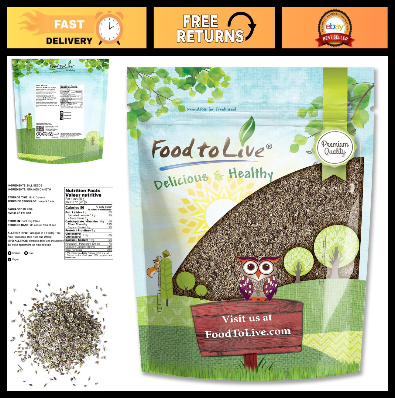 Dill Seeds Whole 3 lbs – Kosher, Raw, Vegan, Bulk Herbs for Cooking & Baking