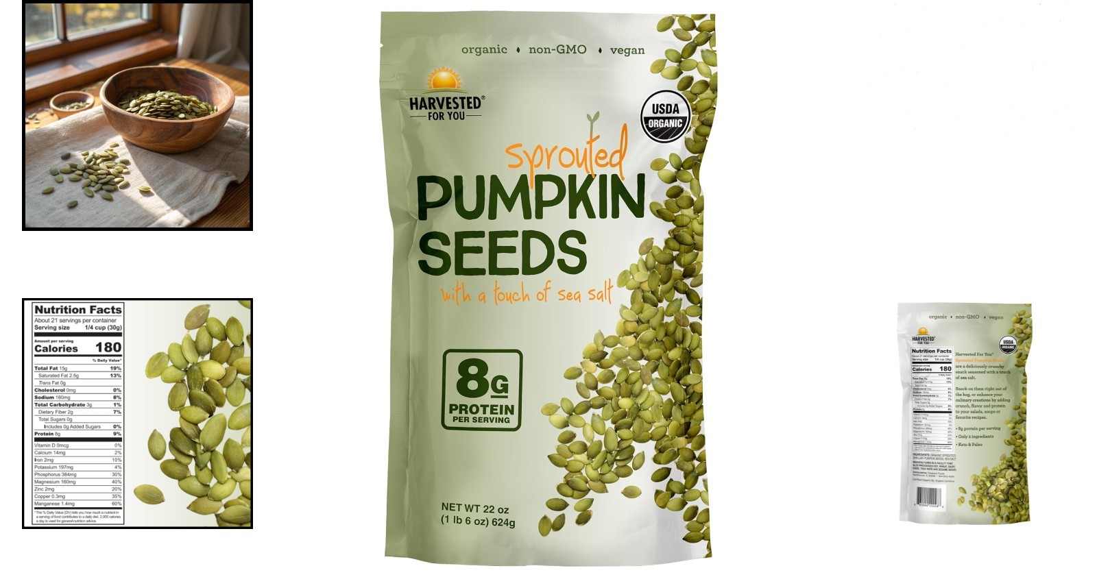 Sea Salt Sprouted Pumpkin Seeds 22oz Organic Gluten Free Non GMO Paleo Keto