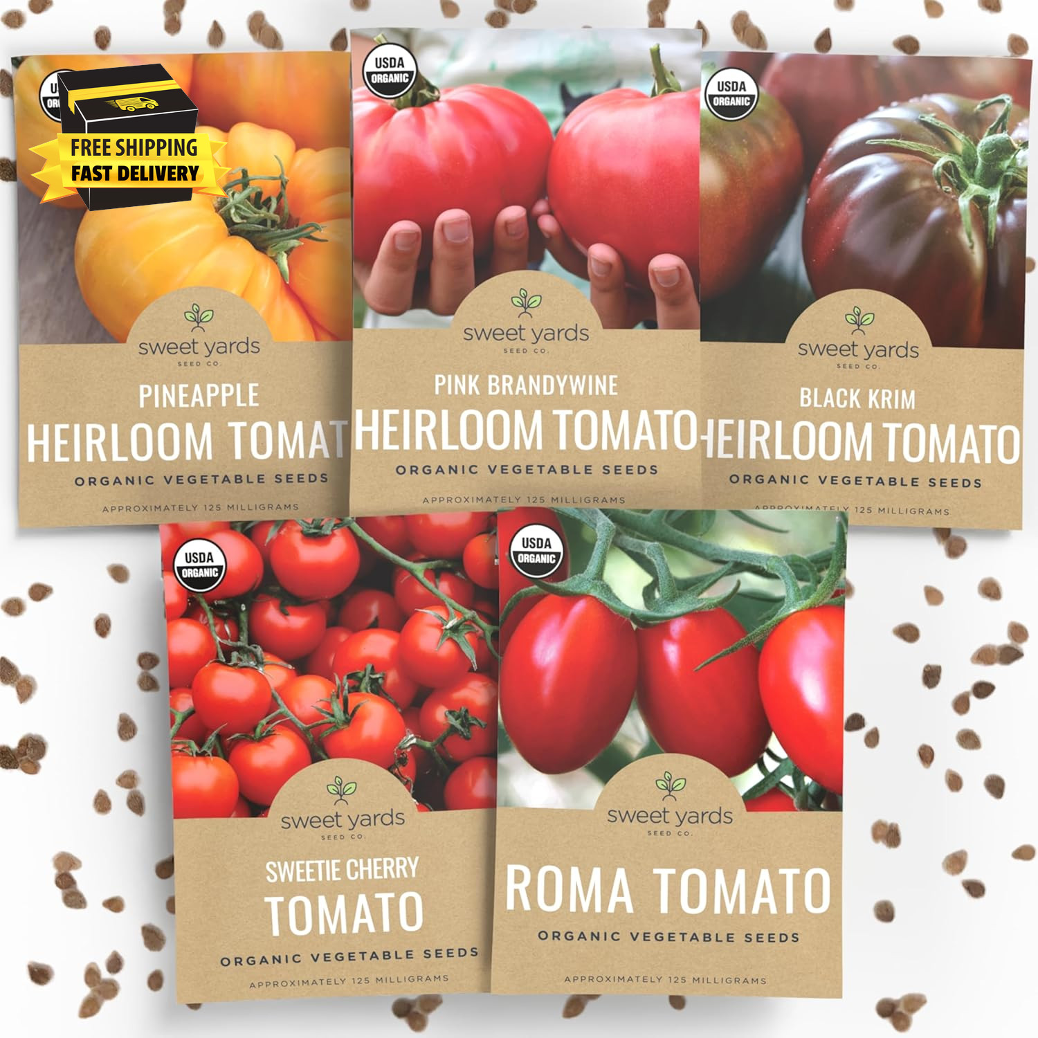 Organic Tomato Seeds Variety Pack – 5 Individual Packs – 2026 Season – Roma, Pin