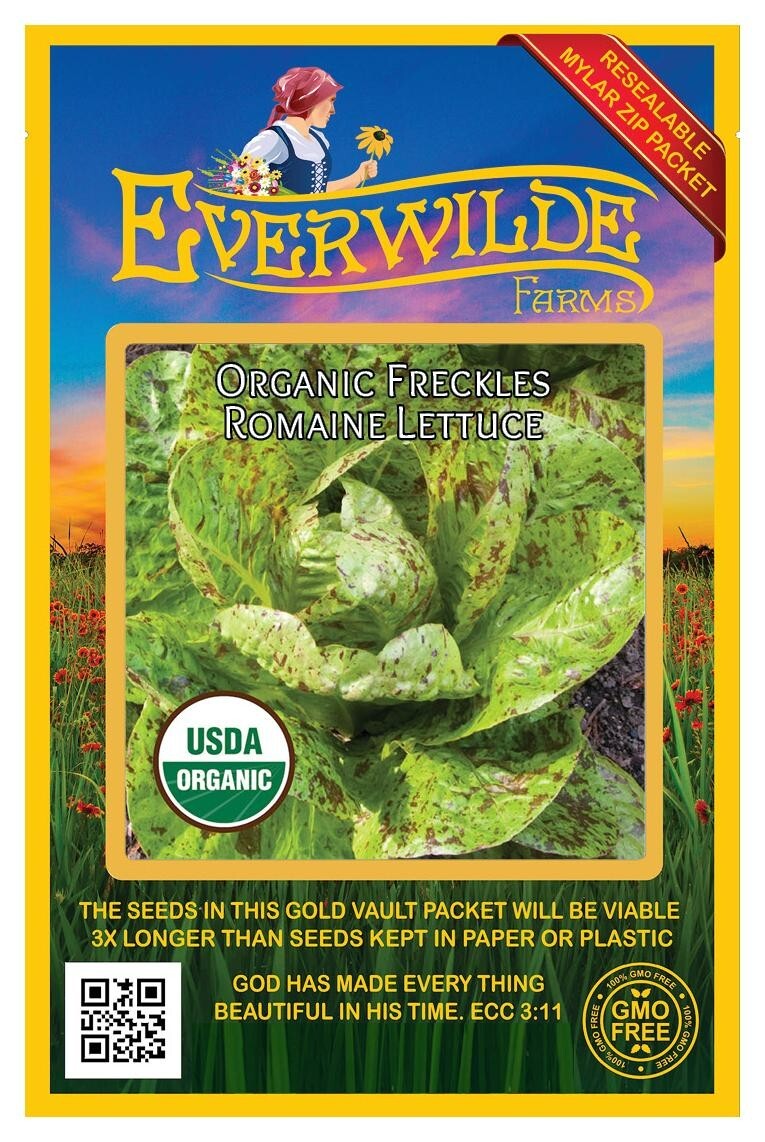 1 Oz Organic Freckles Romaine Lettuce Seeds – Everwilde Farms Mylar Seed Packet