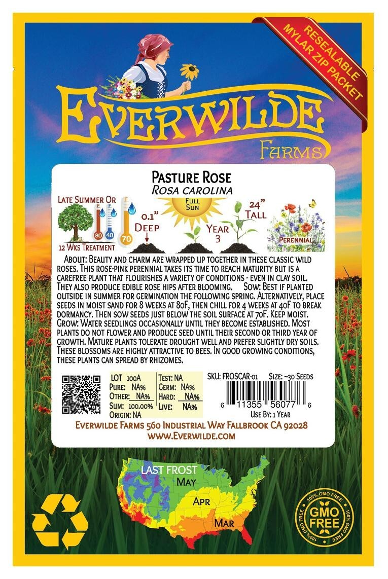 30 Pasture Rose Wildflower Seeds – Everwilde Farms Mylar Seed Packet
