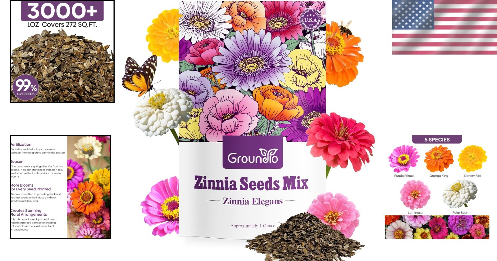 1 Oz Zinnia Seeds Mix – High Germination Rate & Beautiful Blooms in 5 Colors
