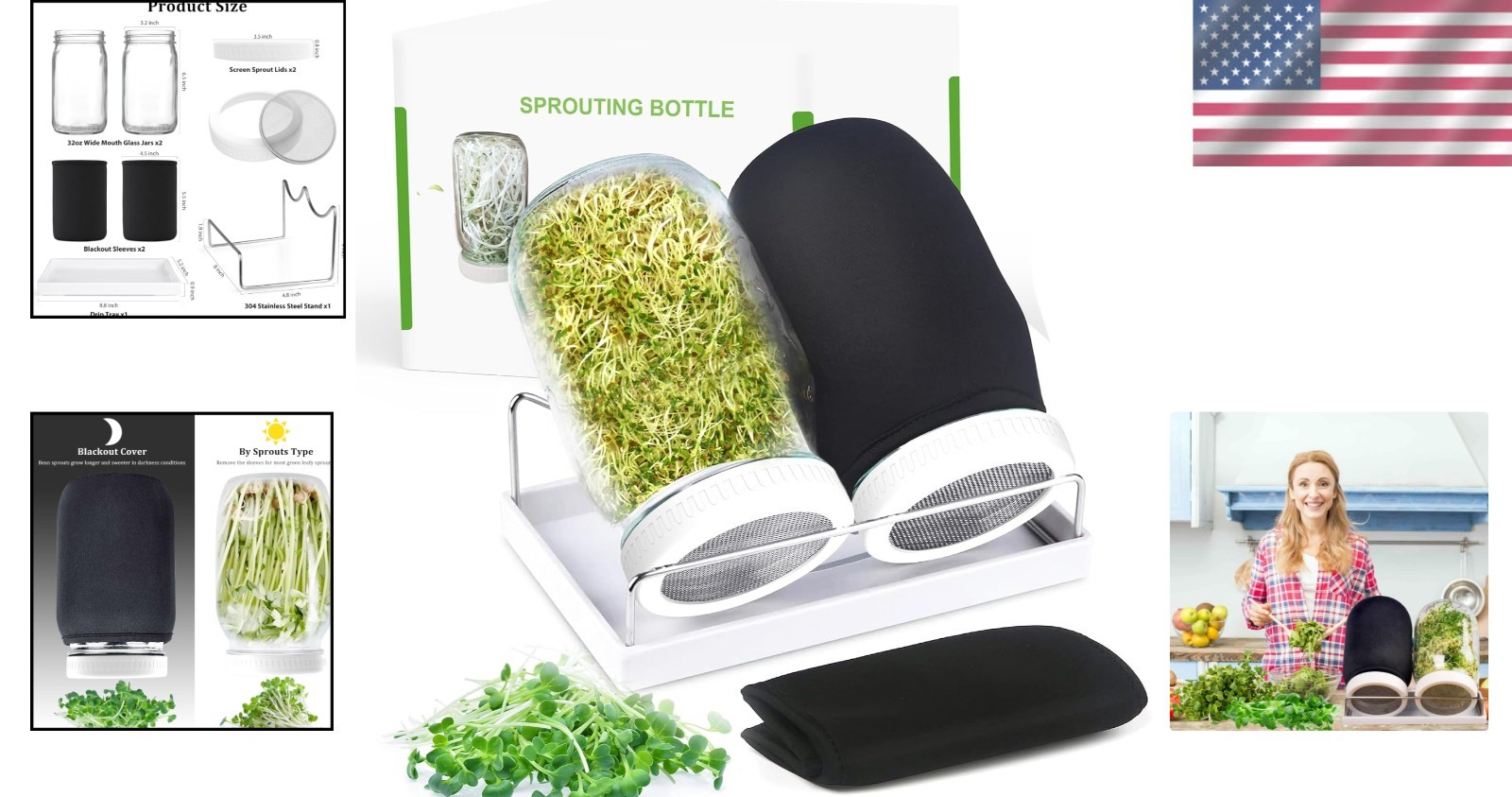 Home Sprouting Kit: 2 Wide-Mouth 32 oz Jars with Stainless Steel Sprouter Lids