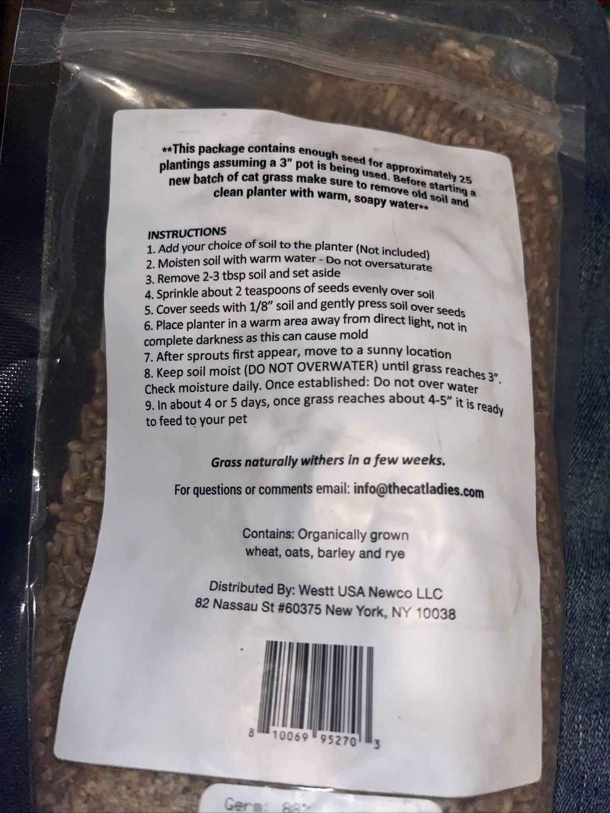 The Cat Ladies 100% Organic Cat 16oz Grass Seed Non GMO blend