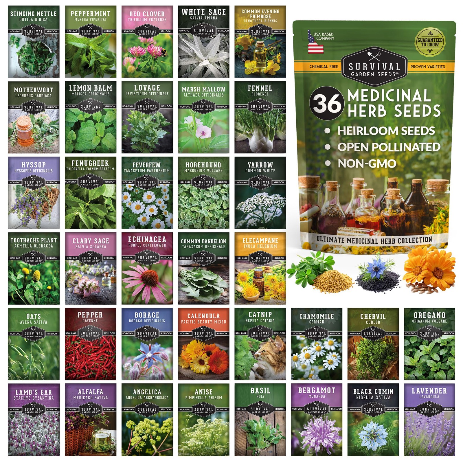 Medicinal Herb Seeds Variety Pack – 36 Non-GMO Culinary & Healing Plants