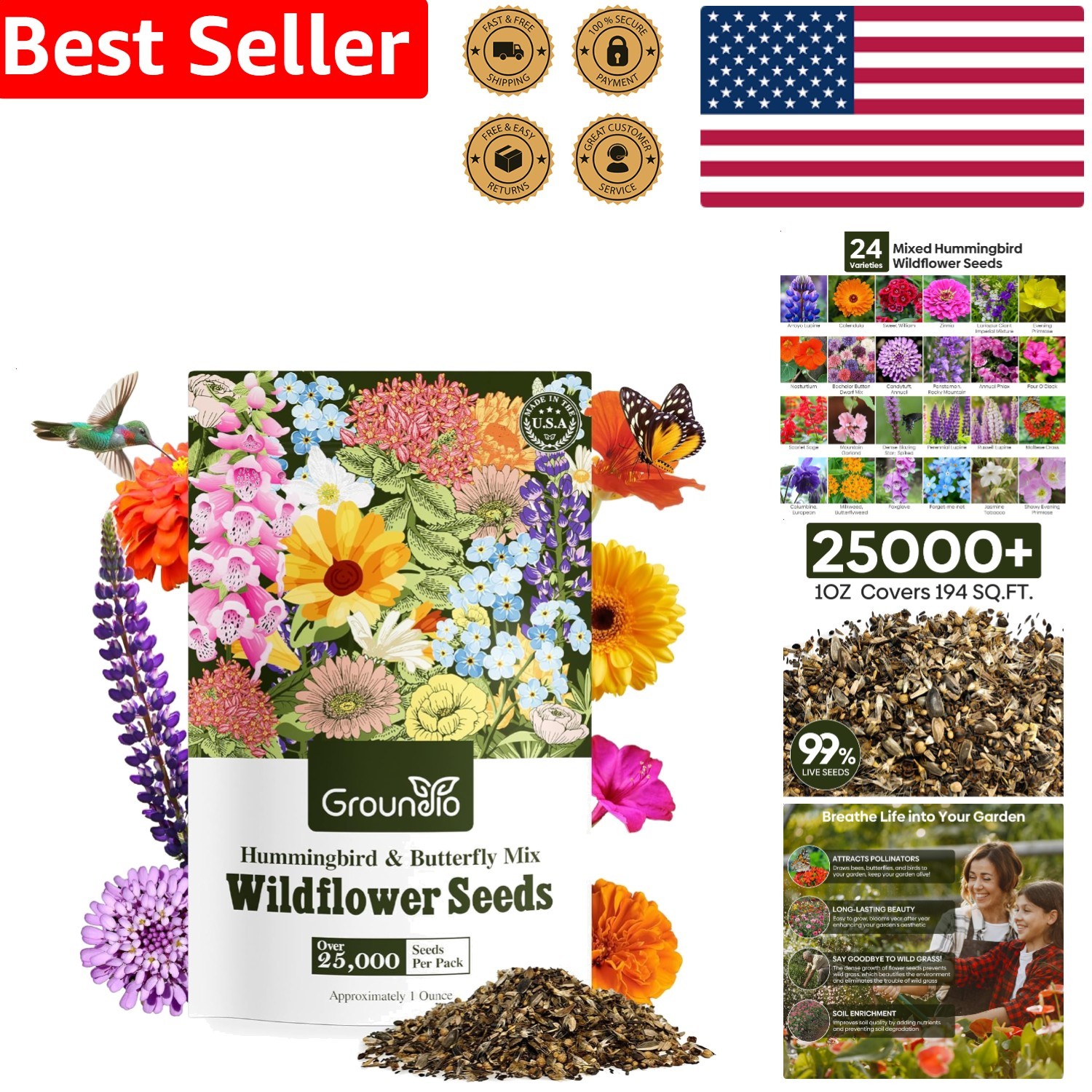 Pure Wildflower Seeds Mix 24 Variety Annual Perennial Attract Pollinators & Bees