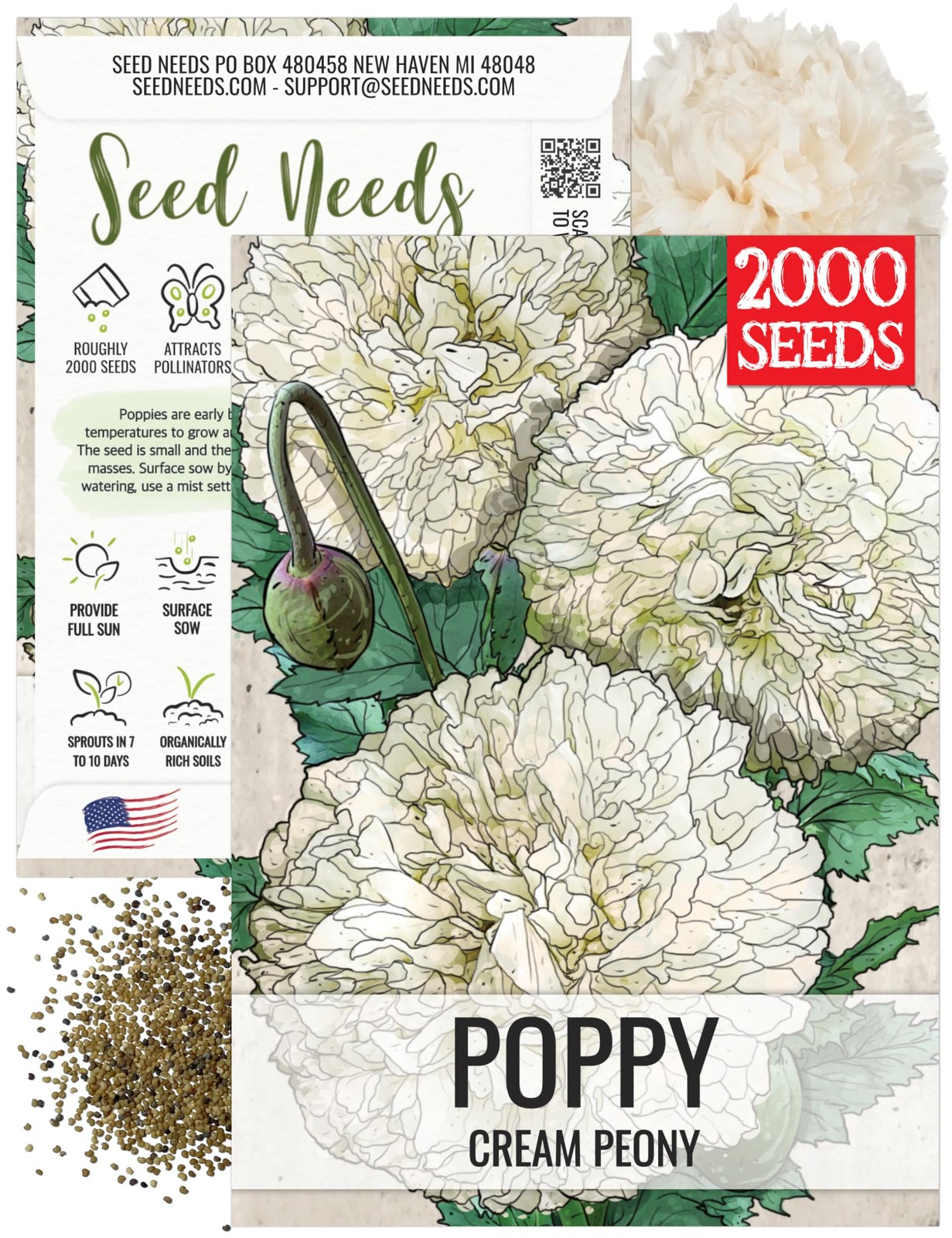 Seed Needs Poppy Seeds for Planting Creamy White Peony Poppies Heirloom & Op…